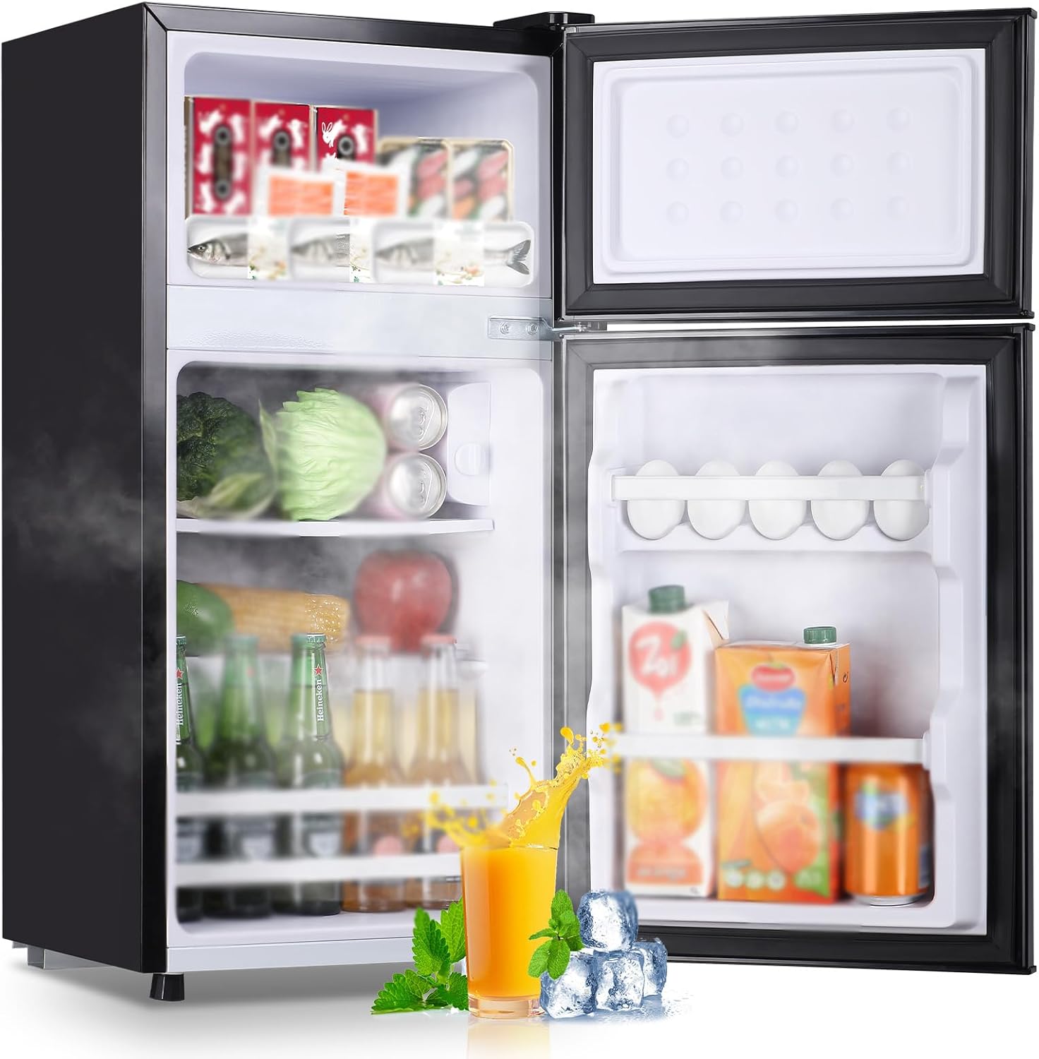 Mini refrigerador de 2.4 pies cúbicos con puertas dobles, refrigerador pequeño con congelador separado y 7 controles de temperatura ajustables,