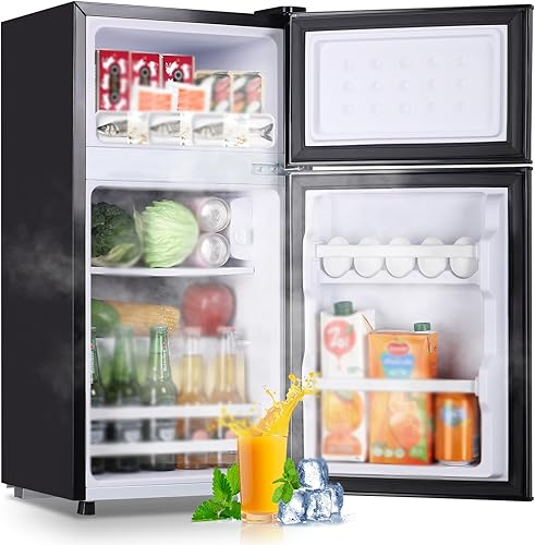 Mini refrigerador de 2.4 pies cúbicos con puertas dobles, refrigerador pequeño con congelador separado y 7 controles de temperatura ajustables,