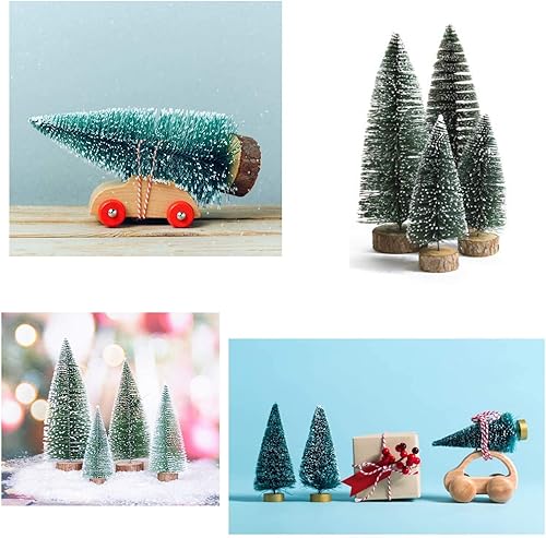 Miniatura 7 de zorpia 24 árboles de Navidad en miniatura, mini pino, pequeños árboles de sisal con base de nieve y madera para decoración de globos de nieve de