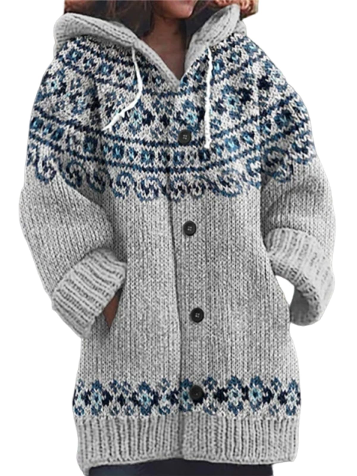 utcoco Womens Contrast Snowflake Cardigan Sweaters Button Down Oversized Knit Sweater Coats with Hood