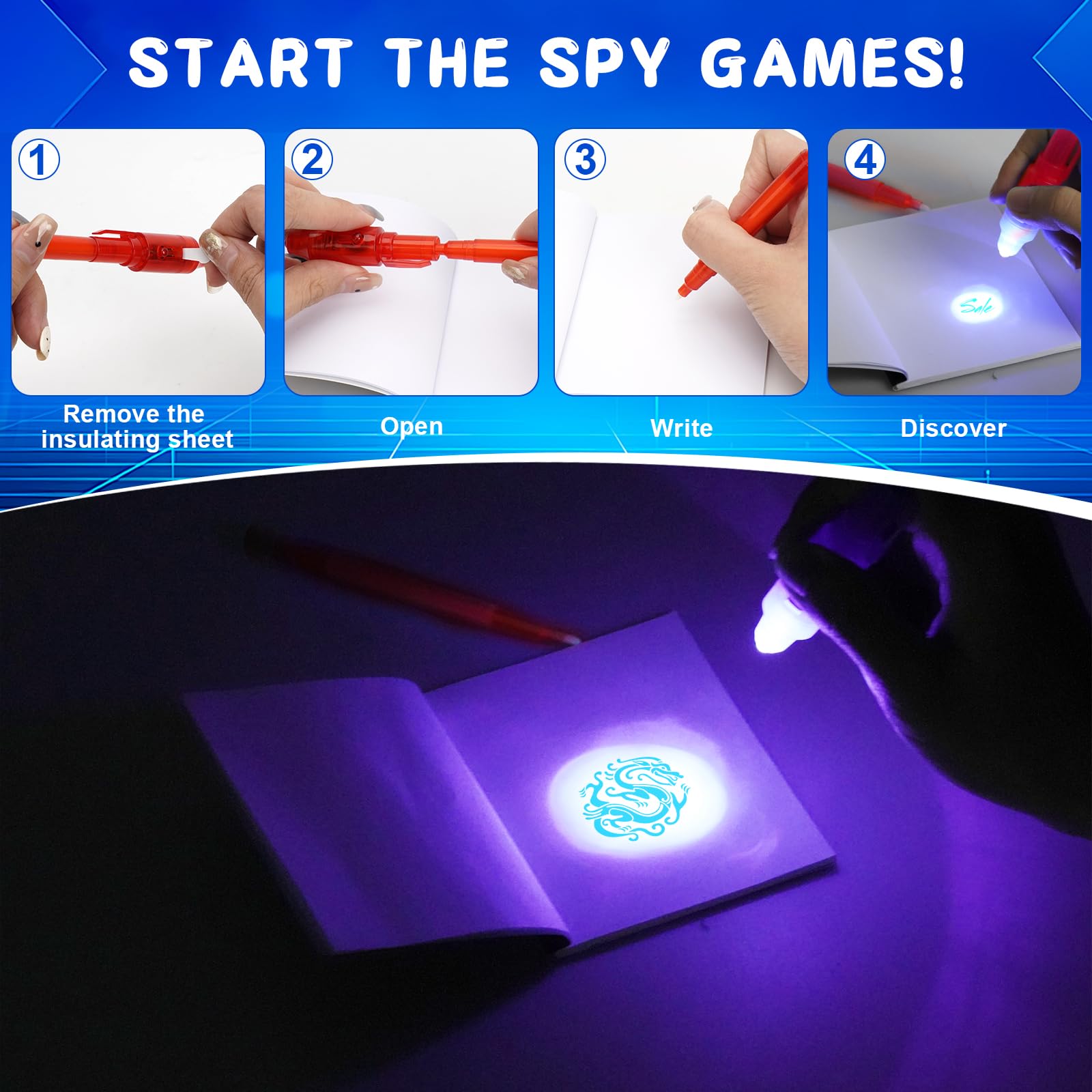 Gioco investigativo per bambini, 50 pezzi, kit spia con notebook, lente d'ingrandimento e carte d'identità detective