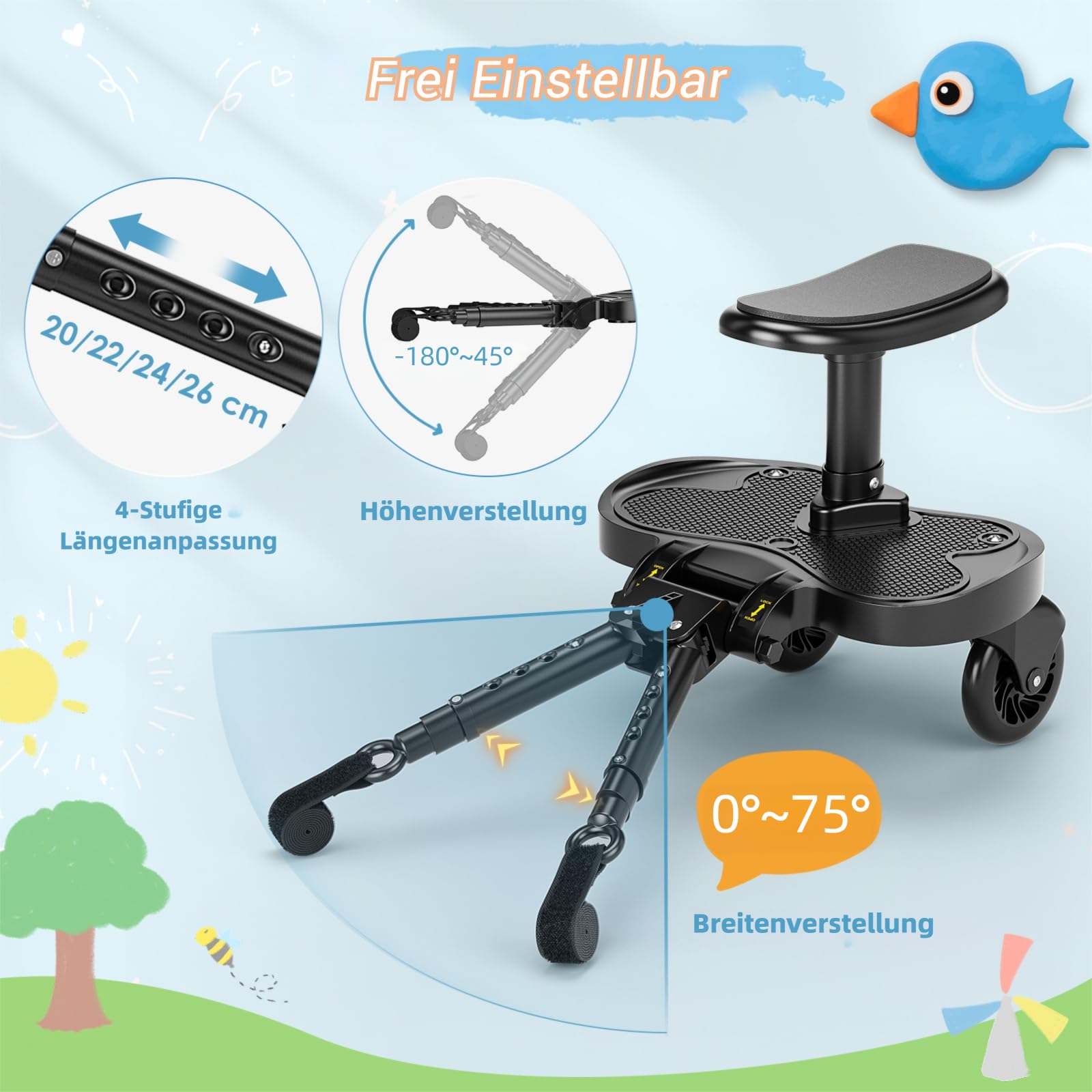 Buggy Board mit Sitz, Trittbrett für Kinderwagen Universal für Kinder von 2 bis 6 Jahren, Flexible Anpassung Kiddy Board, Kompatibel mit den Meisten Kinderwagen, Bearing 25KG
