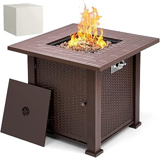 SINGLYFIRE 28 Inch Propane Fire Pit Table Square 2 in 1 Fire Table 50,000 BTU with Cover, Lid and 6.6lbs Lava Rock,Gas Fire Pit Table for Outside Patio, Garden, Backyard, Deck, Brown