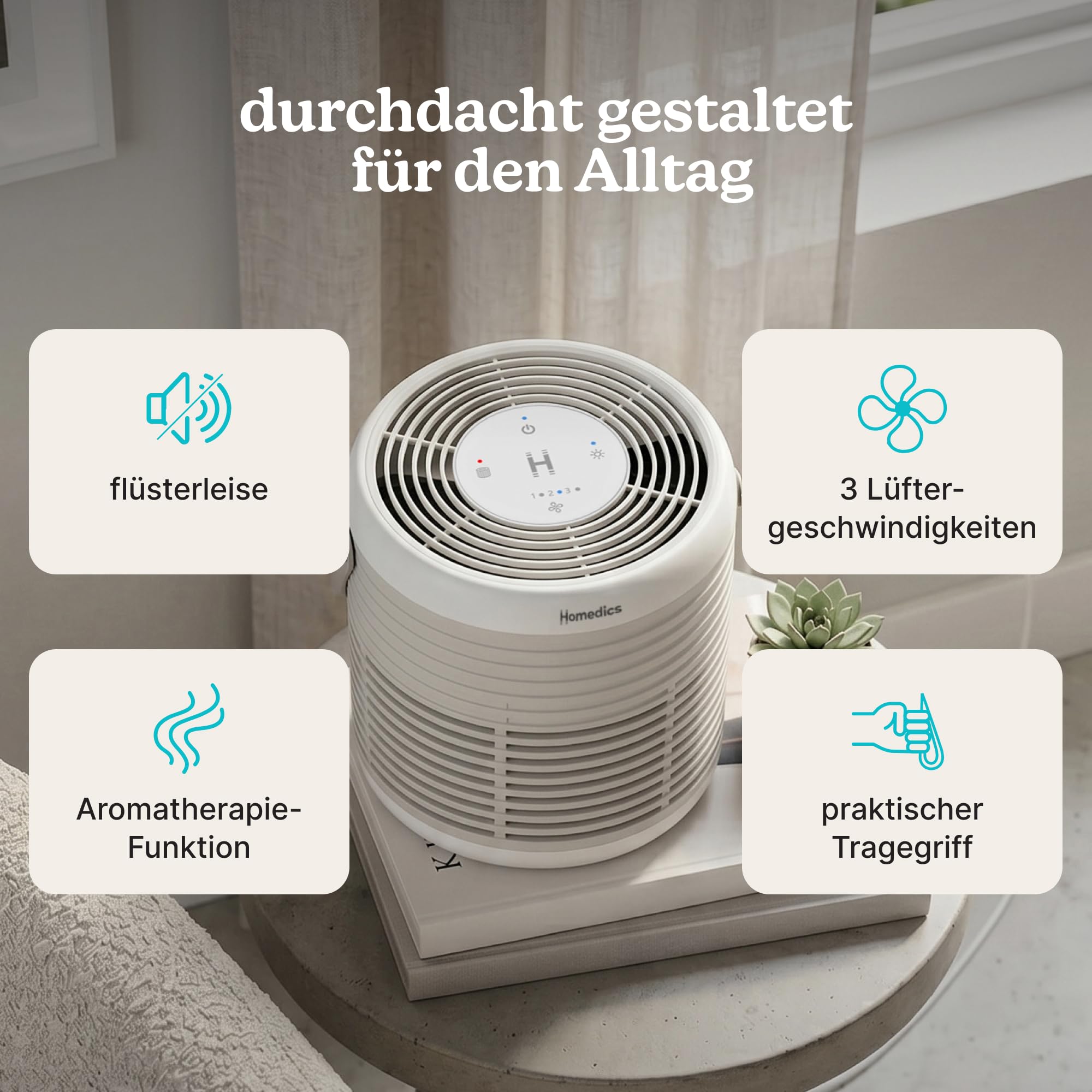 Homedics WhisperPure Comfort Luftreiniger, True HEPA, Beige | Für Zuhause & Büro, Leise, Tragbar, 3-in-1-Filtration, Gegen Staub, Pollen & Gerüche, 3 Geschwindigkeiten