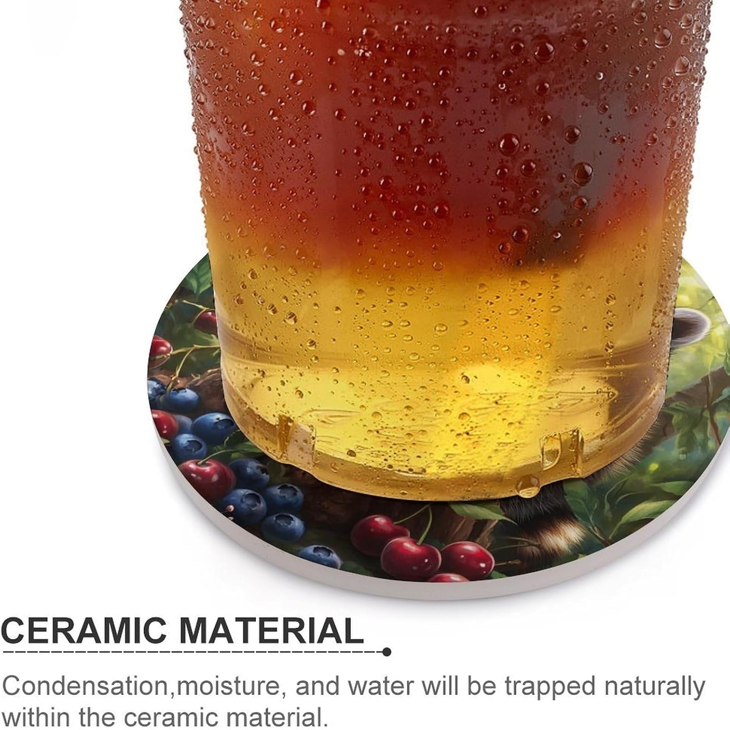 Cute Raccoon Cherry1 Blueberry Funny Round Ceramic Coasters for Drink Absorbent Cup Holders Tabletop Protection