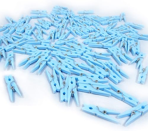 Miniatura 3 de Mini pinzas azules para la ropa, paquete de 100 alfileres de ropa de 1.25 pulgadas, recuerdos de plástico para baby shower, decoraciones de