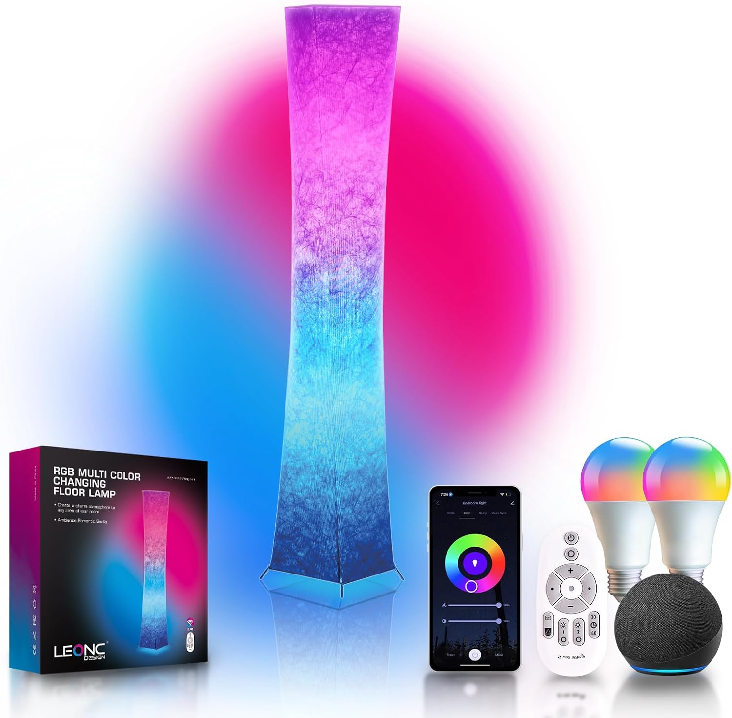 LEONC 61″ Soft Light Floor Lamp for Game Room and TV, RGB Color Changing LED, Tyvek Fabric Shade, Smart App Control, Compatible with Alexa & Google Home, Music Sync and Multi Scene Modes,Floor Lamp