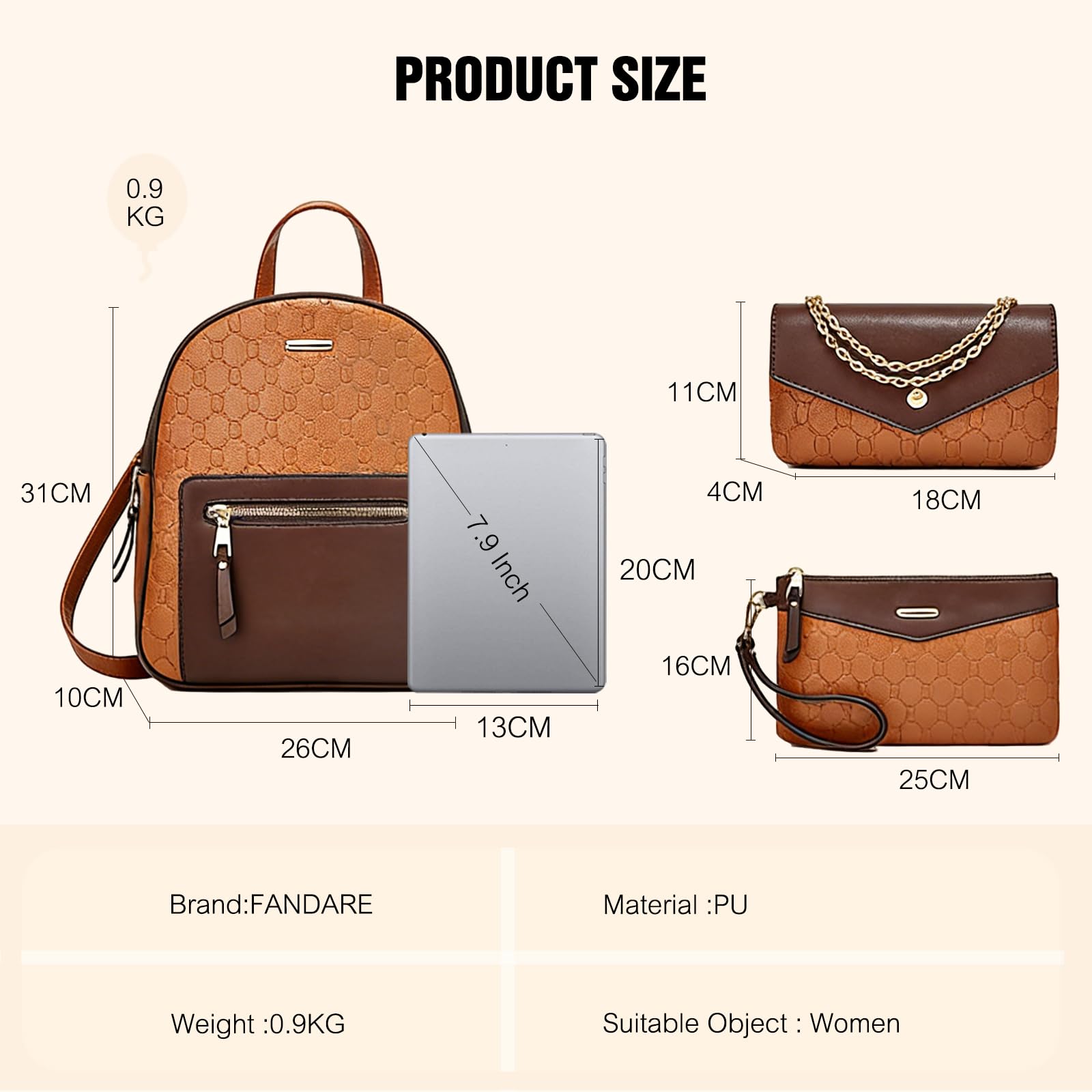 FANDARE 3 Piezas Bolsos Mochila para Mujer Mochilas con Bolsa para las axilas Muñeca Bolso de mano Bandolera Cartera de cuero PU impermeable Bolso de Hombro Bandolera escolar para trabajo viajes