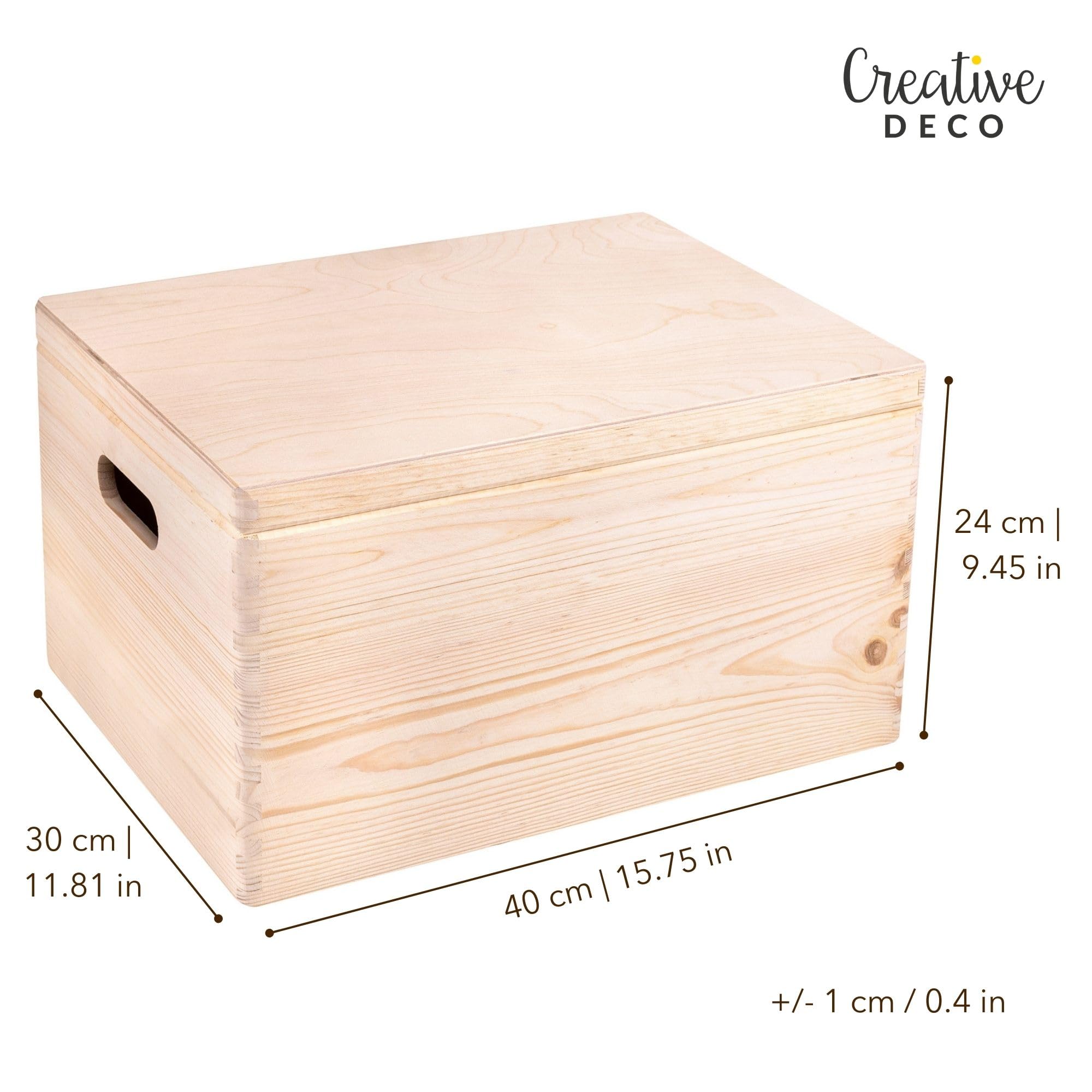 Creative Deco XXL Duże Drewniane Pudełko z Pokrywą do Dekoracji | 39 x 29 x 22 cm (+/- 1cm) | z Uchwytami | Niemalowana Skrzynia z Drewna na Wielkanoc Zabawki Narzędzia | SUROWE i NIEOSZLIFOWANE