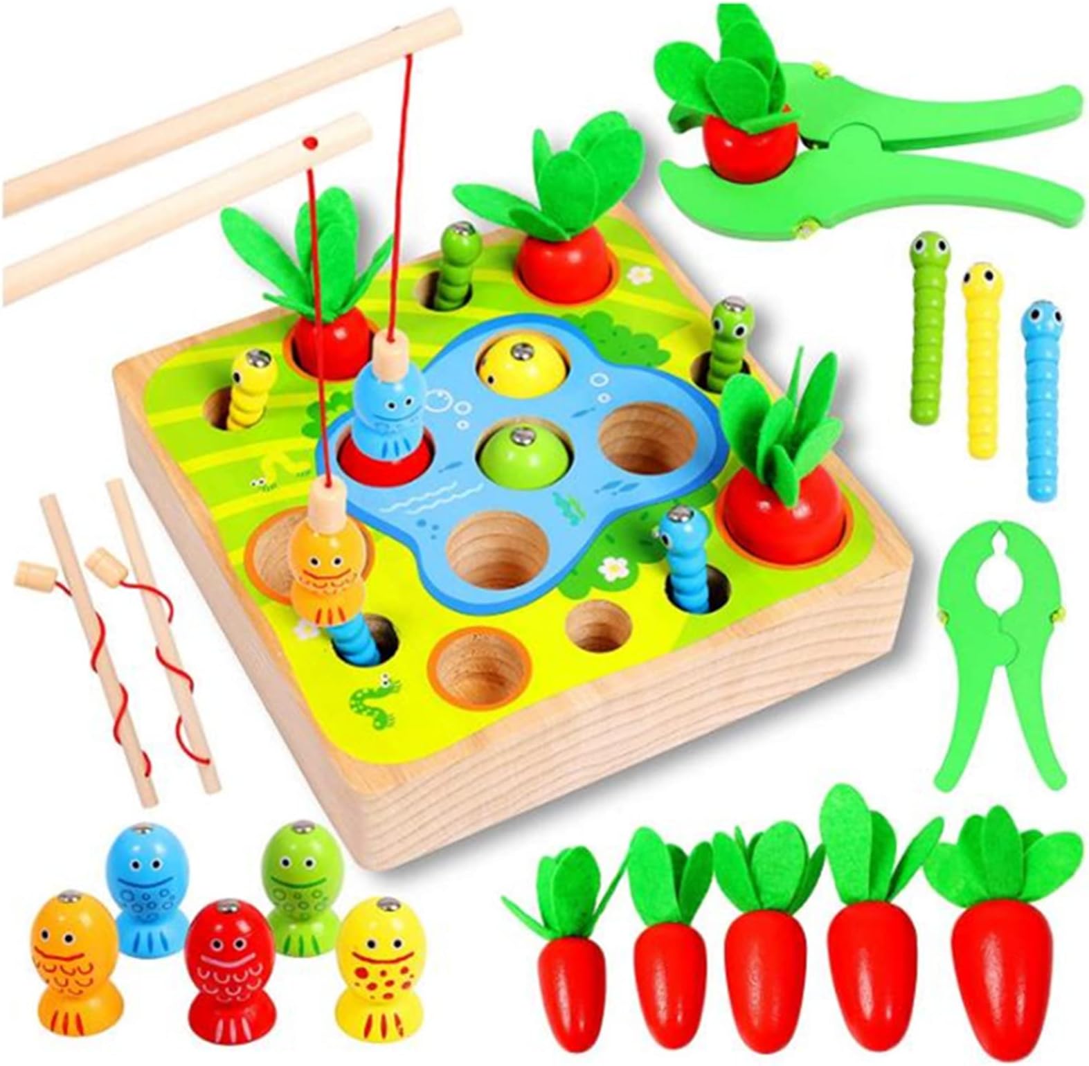 AM ANNA Wooden Magnetic Fishing Game, Carrot Harvest Catching Worm Toy, 3 in 1 Montessori for Toddlers Sensory Education Fine Motor Skills Toys for 1-5 Year Old Kids Preschool Learning Gift