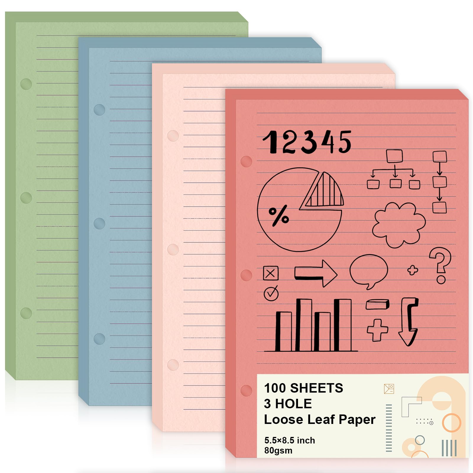 100 Sheets Mini Loose Leaf Paper 5.5 x 8.5 Mini Binder Paper 3 Ring Colored Lined Paper College Ruled 3 Hole Punched Lined Papers Small Notebook