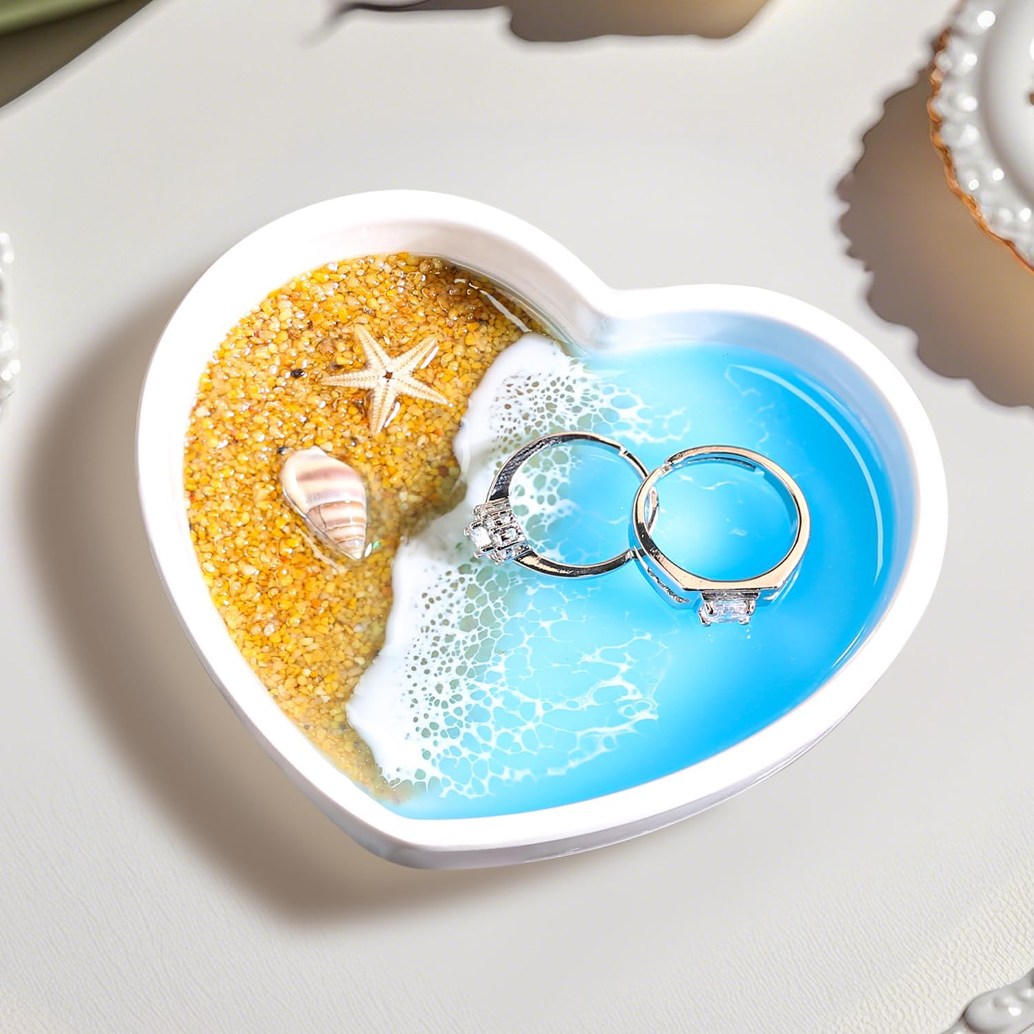 Resin Jewelry Dish,Handmade Coastal Ocean Decor Ring Dish for Rings Earrings Necklaces Bracelet Watch Keys, Engagement Gifts for Women,Mother's Day Birthday Gifts for Her