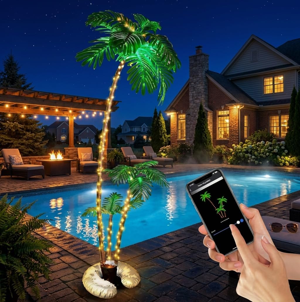 - 7FT Smart Lighted Palm Tree with 3 Branches,App & Remote Control, Music Sync, Multi-Tree Grouping, Warm White Dimmable LED Lights, Timer,Waterproof for Indoor Outdoor Tropical Patio Yard Garden Decor