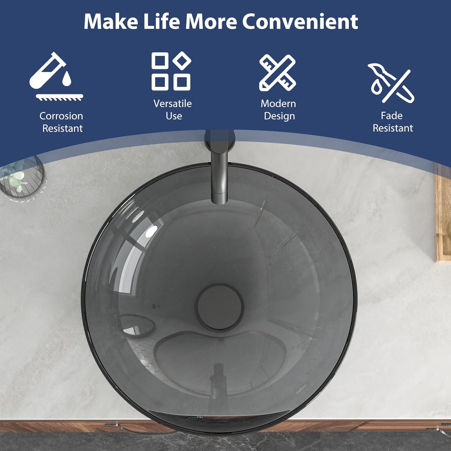 Mocoloo Round Glass Vessel Sink, 16x16 Inch Bathroom Sink Gray Tempered Glass Bathroom Vanity Sink with Pop-Up Drain Above Counter Basin Bowl