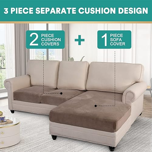 Vista 29 de OKYUK Fundas de sofá seccional en forma de L, 3 piezas, fundas de cojín para sofá seccional de terciopelo en forma de L, fundas elásticas para sofá