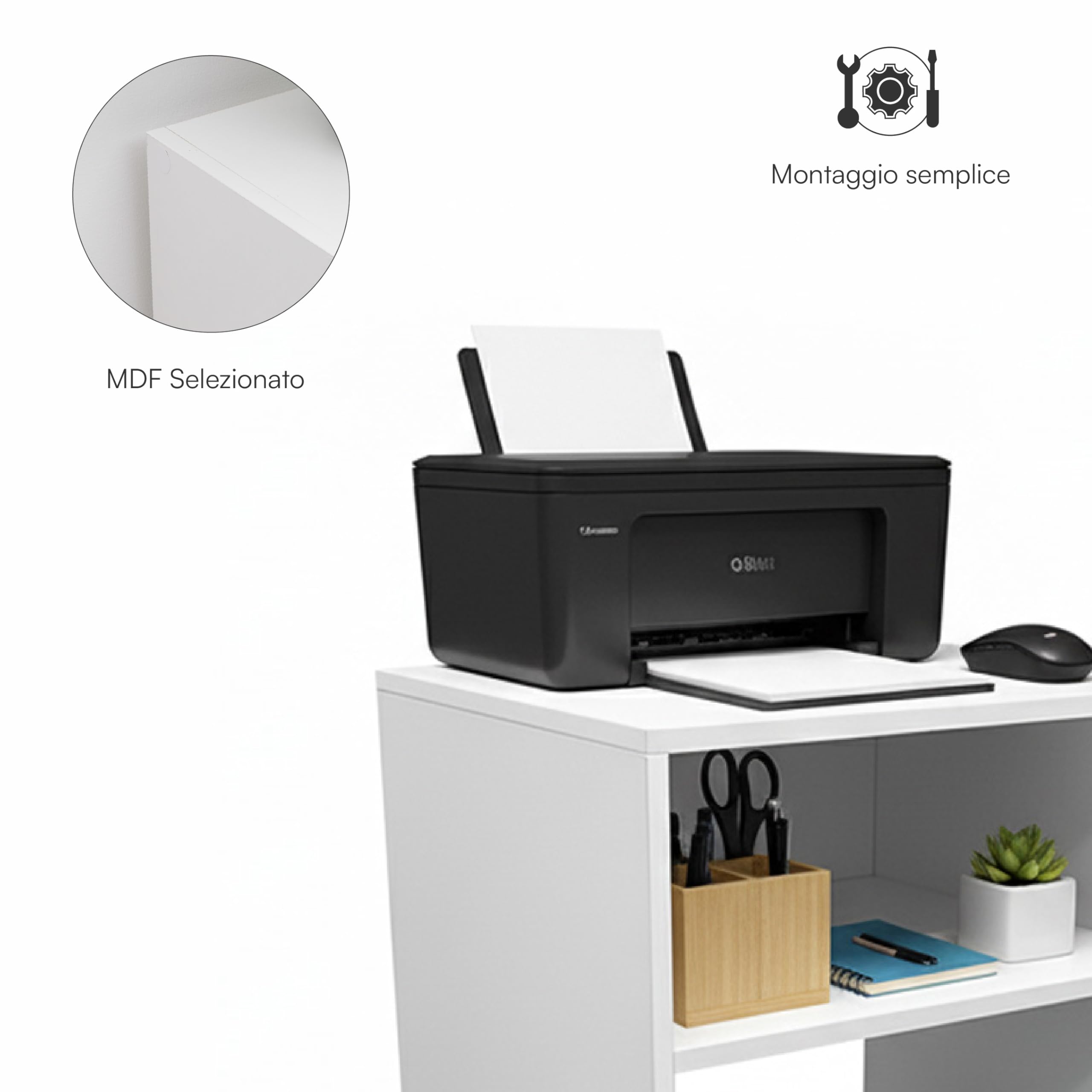 Baroni Home Carrello Ufficio Bianco con 4 Rotelle Girevoli a 360°, Mobiletto Organizer 2 Scomparti per Stampante e Cancelleria, Struttura in MDF Resistente, Montaggio Facile, 35x40x55 cm - 4