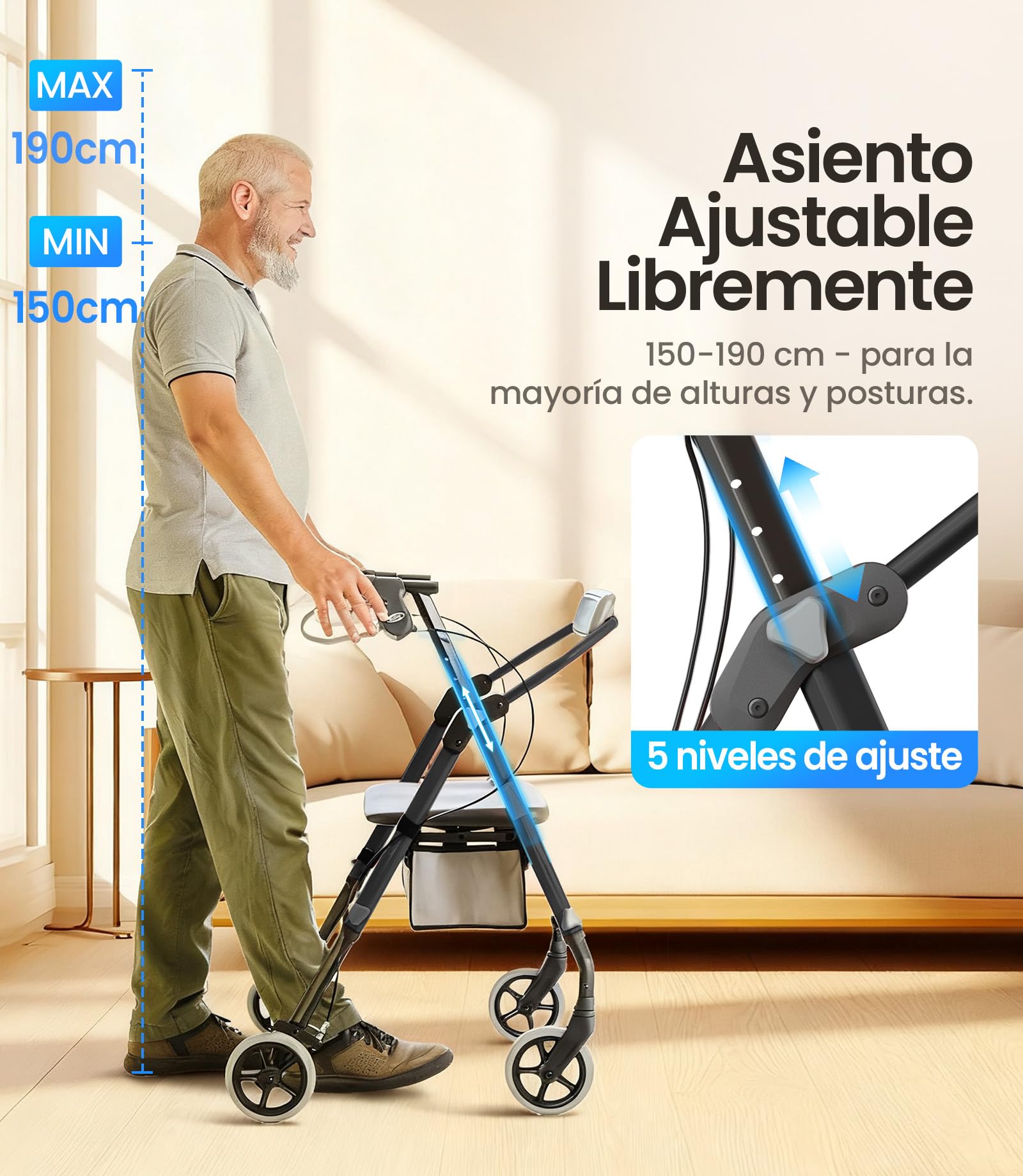 VOCIC Andador plegable ligero con asiento, 6,3kg Ultraligero, Max 150 kg | andador para ancianos con ruedas, asiento ergonómico, altura regulable, Walker estrecho para apartamento & viajes, negro