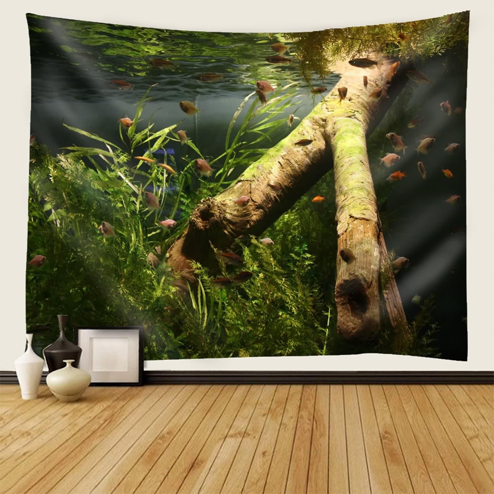 Tolldek Dywan ścienny, naturalny, krajobraz, 240 x 220 cm, ryby, wodorosty, chusta na ścianę, brązowy, zielony, gobelin, dekoracja domu, do mieszkania