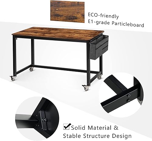 Miniatura 63 de AHB Escritorio para computadora con 4 ruedas lisas, escritorio móvil de estilo simple, mesa de estudio para oficina en casa, estación de trabajo