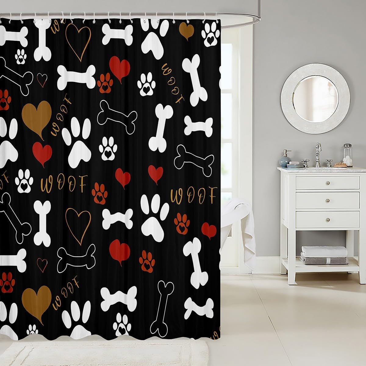 Erosebridal Dog Paw Print Shower Curtain Large for Kids Boys Girls,Lovely Animal Theme Bathroom Curtain White Bone Pattern Bath Curtain Red Heart Bathroom Decor Luxury,Black