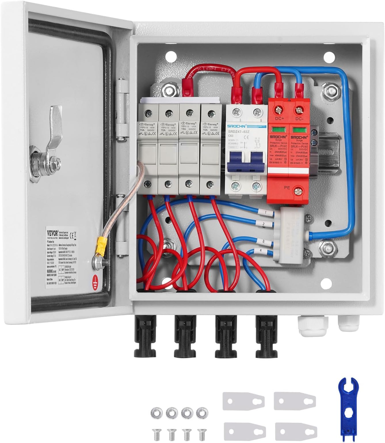 VEVOR PV Combiner Box, 4 String Metal Solar Combiner Box with 15A Rated Current Fuse 63A Circuit Breaker Lightning Arrester, Steel Case for On/Off Grid Solar Panel System, IP65