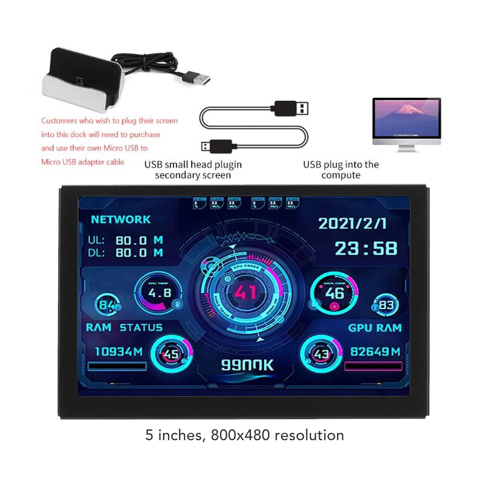 5 Calowy Monitor Temperatury Komputera, Panel IPS Ekran O Rozdzielczości 800 X 480 Monitor Temperatury Komputera, Mini Monitor Komputera USB, Obsługa Wielu Systemów, Edytor Motywów