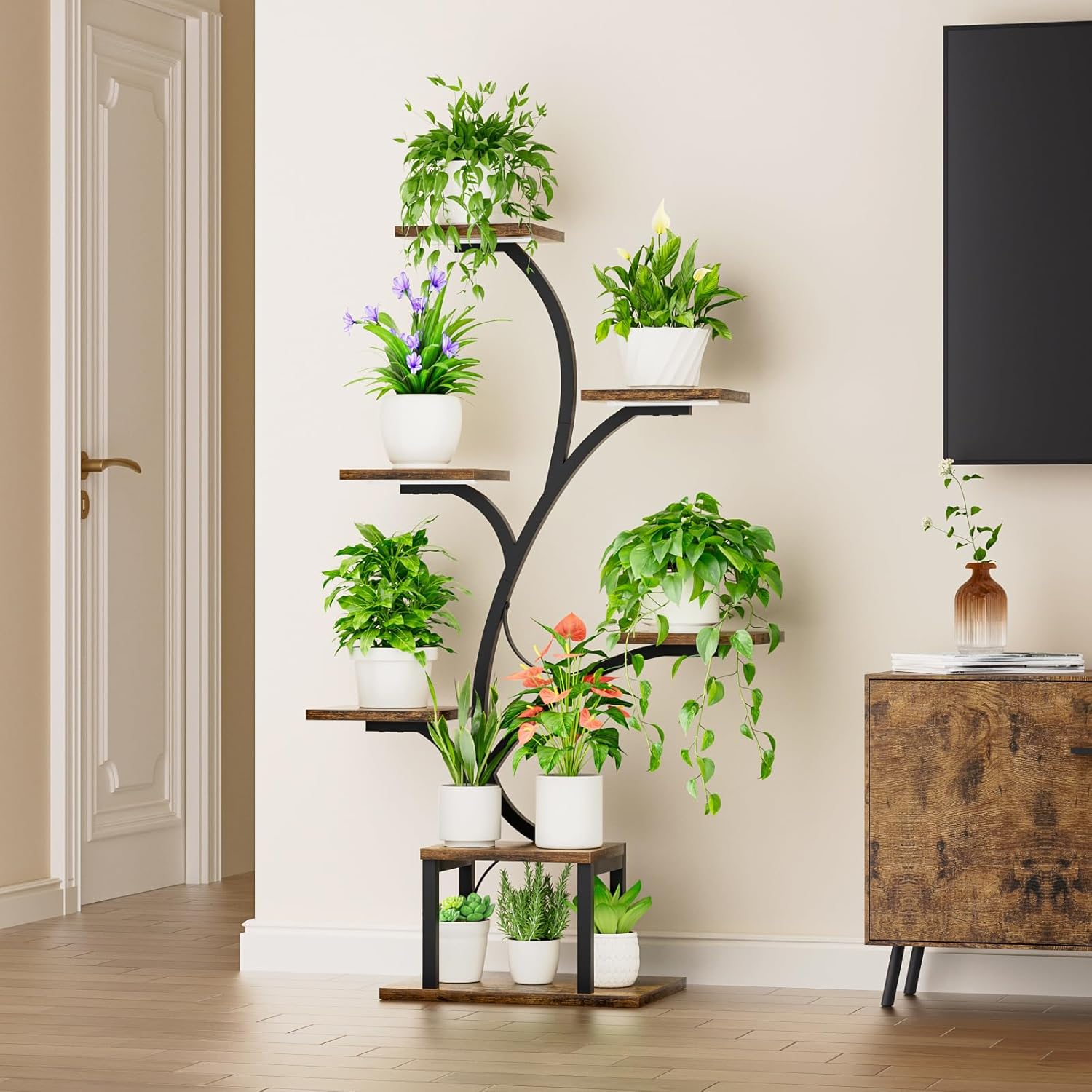 Plant Stand Indoor with Grow Lights, 7 Tiered Indoor Plant Shelf, 49" Corner Plant Stands for Indoor Plants, Metal Plant Flower Display Shelves, Tree-Shaped Plant Rack for Home, Patio, Black