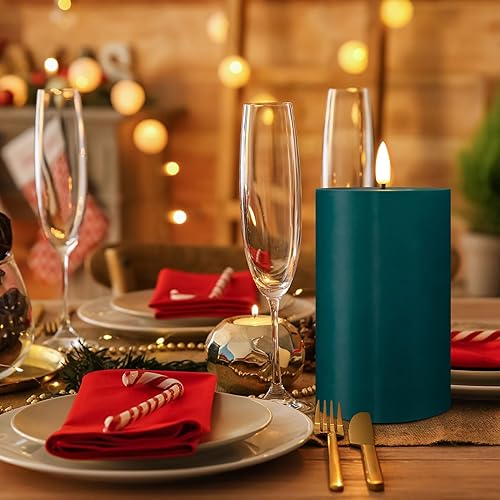 Miniatura 5 de Velas de pilar sin llama azul con control remoto, velas LED que funcionan con pilas, juego de 3, cera real parpadeante