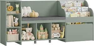 HOSTACK 67" Kids Reading Nook with Bookshelf, Toy Storage Organizer, Green