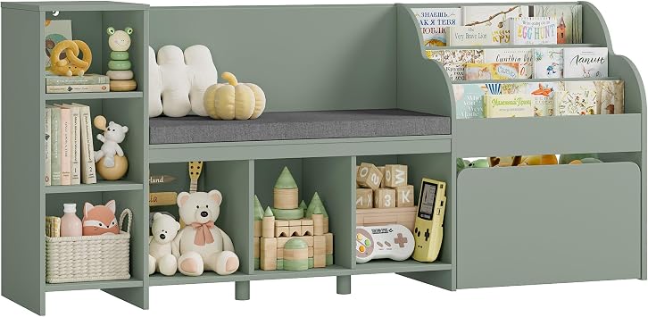 HOSTACK 67" W Kids Reading Nook with Toy Storage Organizer, Large Kids Bookshelf with Toy Storage Box on Wheels, Big Kid Bookcase with Bench and 6 Open Cubbies for Playroom, Kid Room, Green