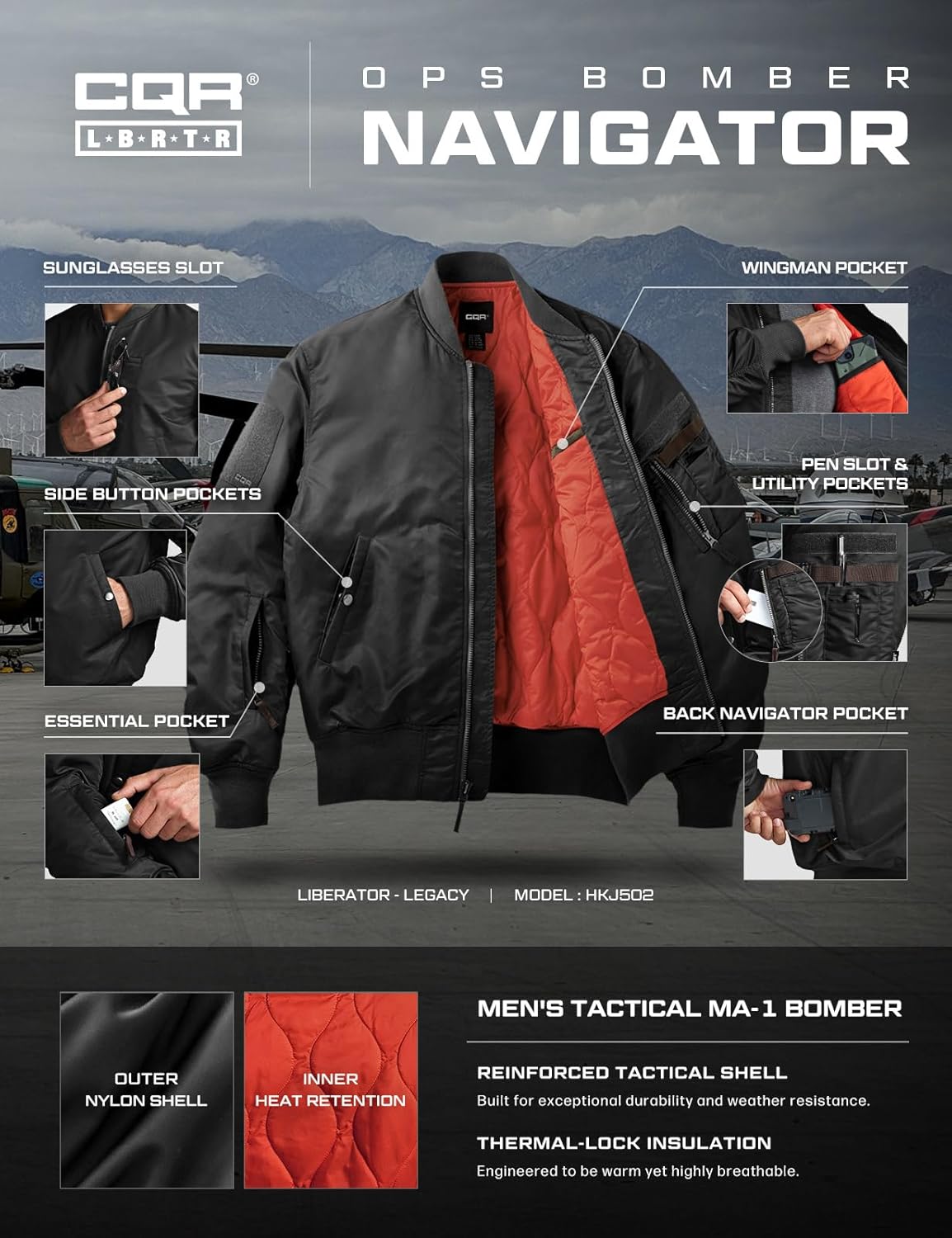 CQR Men's Casual Bomber Jacket, Outdoor Fall/Winter Zip-Up Windbreaker, Water Resistant Padded MA-1 Flight Jacket with Pocket - Image 4