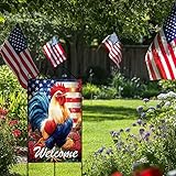 Large 4th of July Chicken Garden Flags 28 x 40 Double Sided, Burlap Holiday Rooster Welcome Independence Day Patriotic House Flags for Outside, Seasonal Fourth of July Outdoor Yard Decorations
