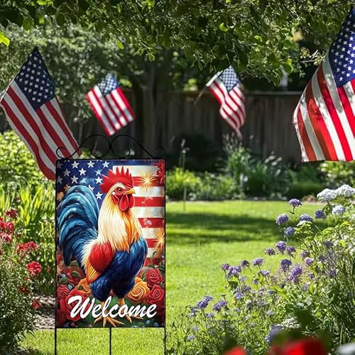 Large 4th of July Chicken Garden Flags 28 x 40 Double Sided, Burlap Holiday Rooster Welcome Independence Day Patriotic House Flags for Outside, Seasonal Fourth of July Outdoor Yard Decorations