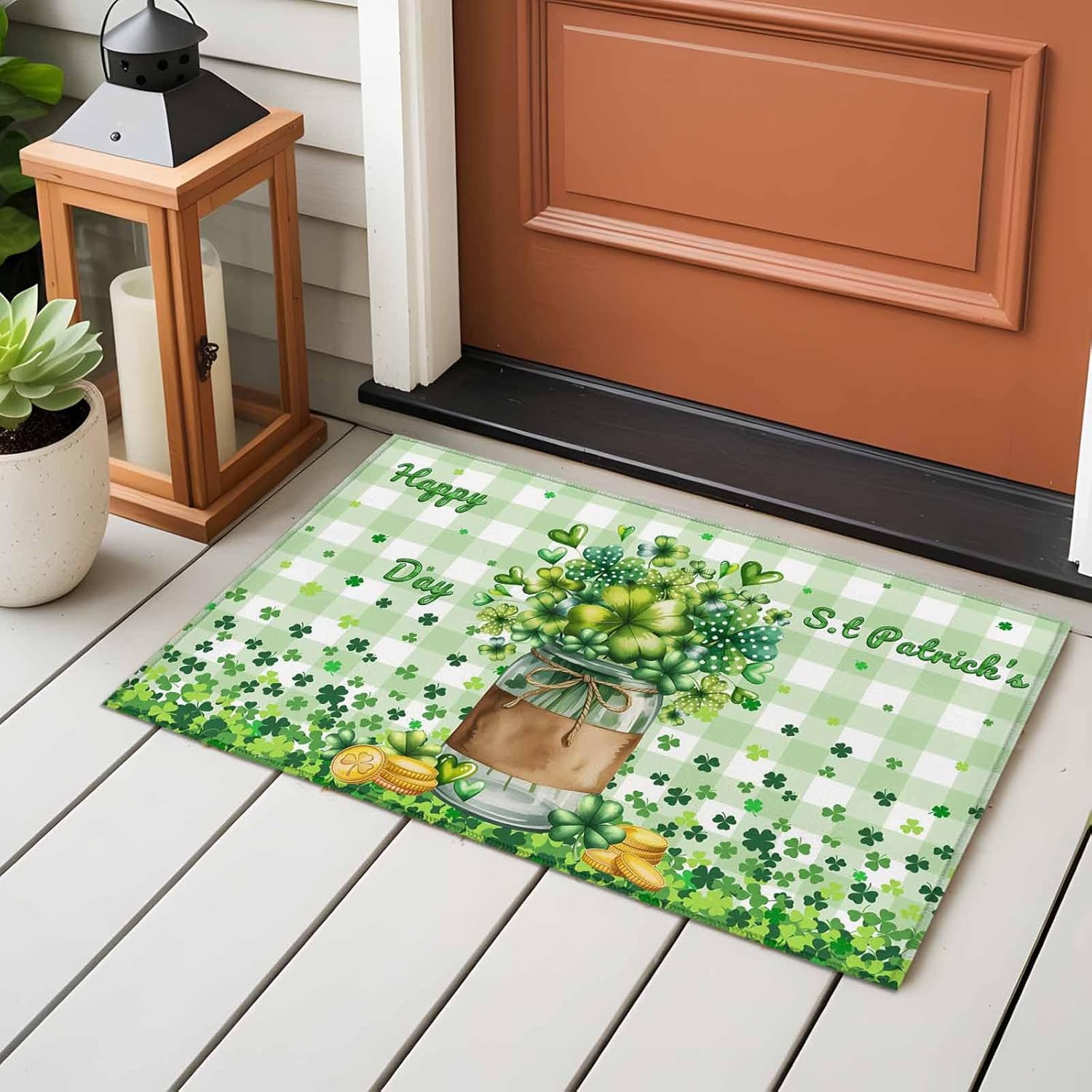 St. Patrick's Day Bathroom Rug Washable 2x3 Entryway Rug Non Slip Spring Botanical Clovers Coin Green Check Front Door Mat Low Pile Indoor Doormat Throw Floor Carpet for Kitchen Bedroom Entrance