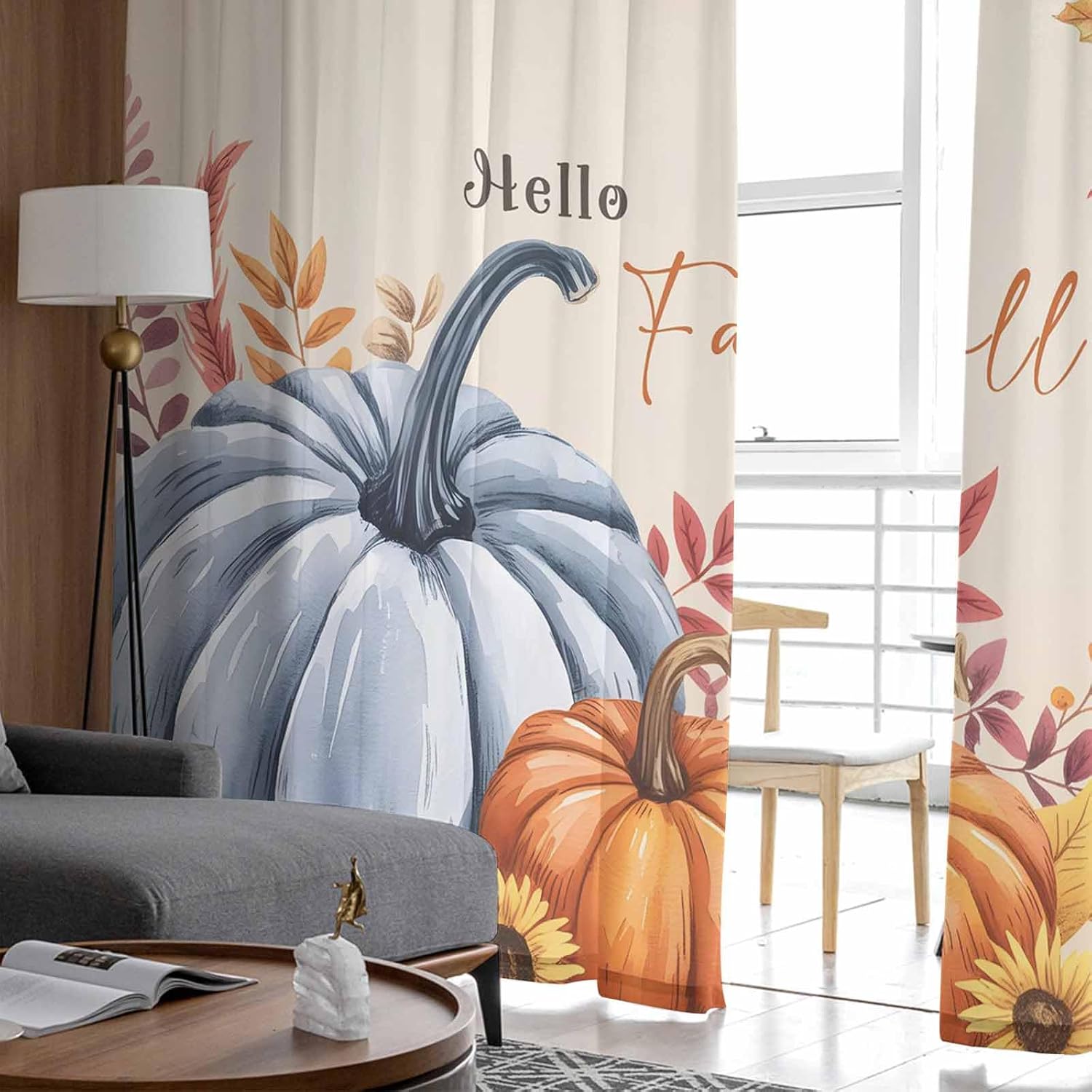 2 PCS Hello Fall Semi-Sheer Curtains 63 Inches Long - Rod Pocket Voile Panels, Window Drape Chiffon Fabric Sheer Curtains for Living Room Bedroom, Thanksgiving Pumpkin Leaves Bird Blue Orange 104x63