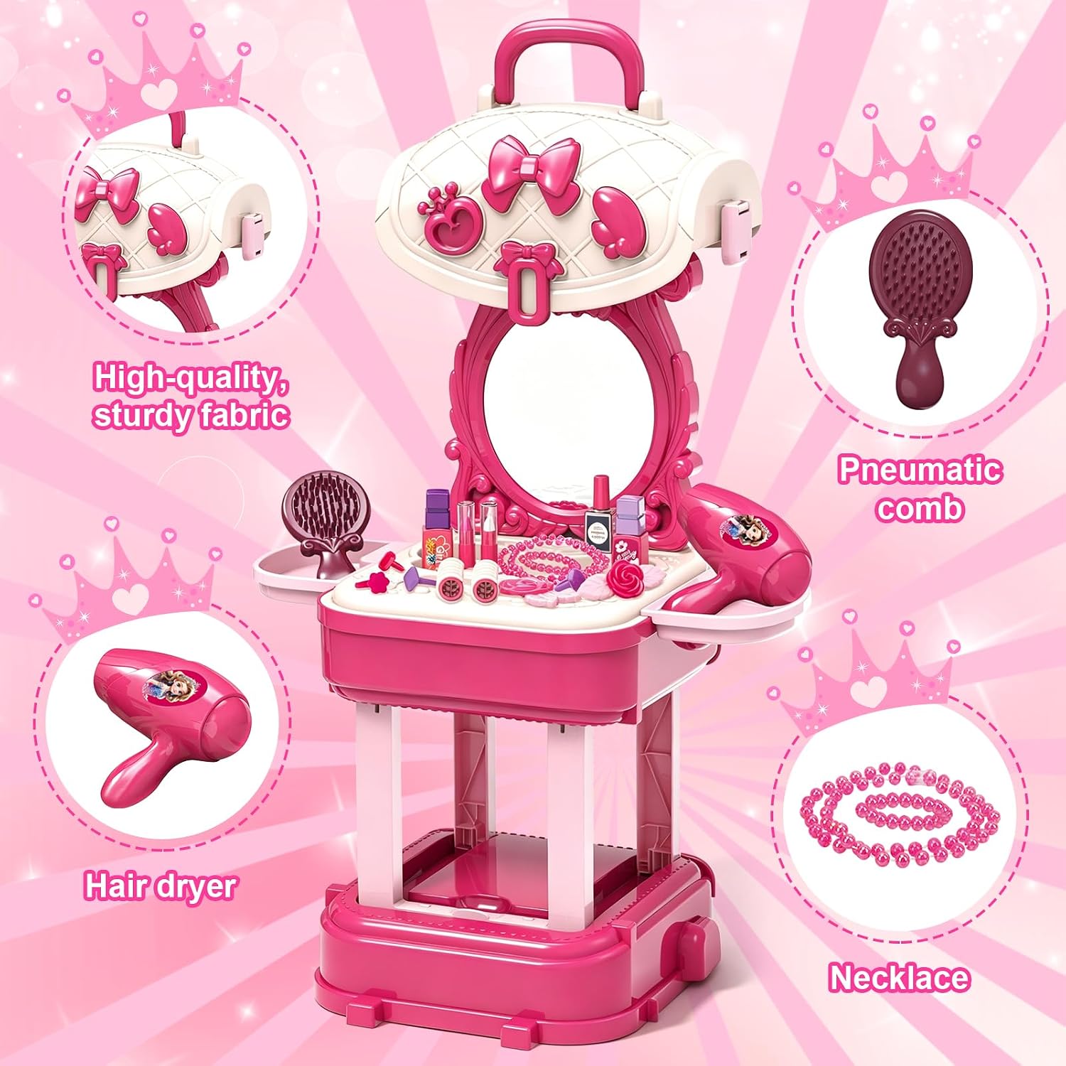 deAO Kids Vanity Set Pretend Play Dress Up with Mirror for Girls | Toddler Makeup Dressing Table with Hair Dryer, Necklace, Stickers. Pretend Play Dress Up Gift for Girls 3-8 Years Old