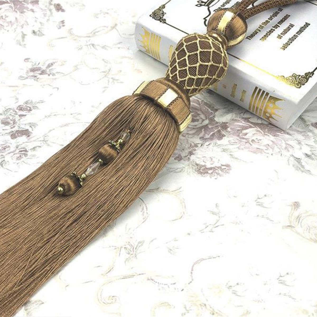 2pcs Rideau Pompon Boule Suspendue Haut de Gamme Maille Simple Boule Rideau Sangle pour la décoration intérieure-Marron
