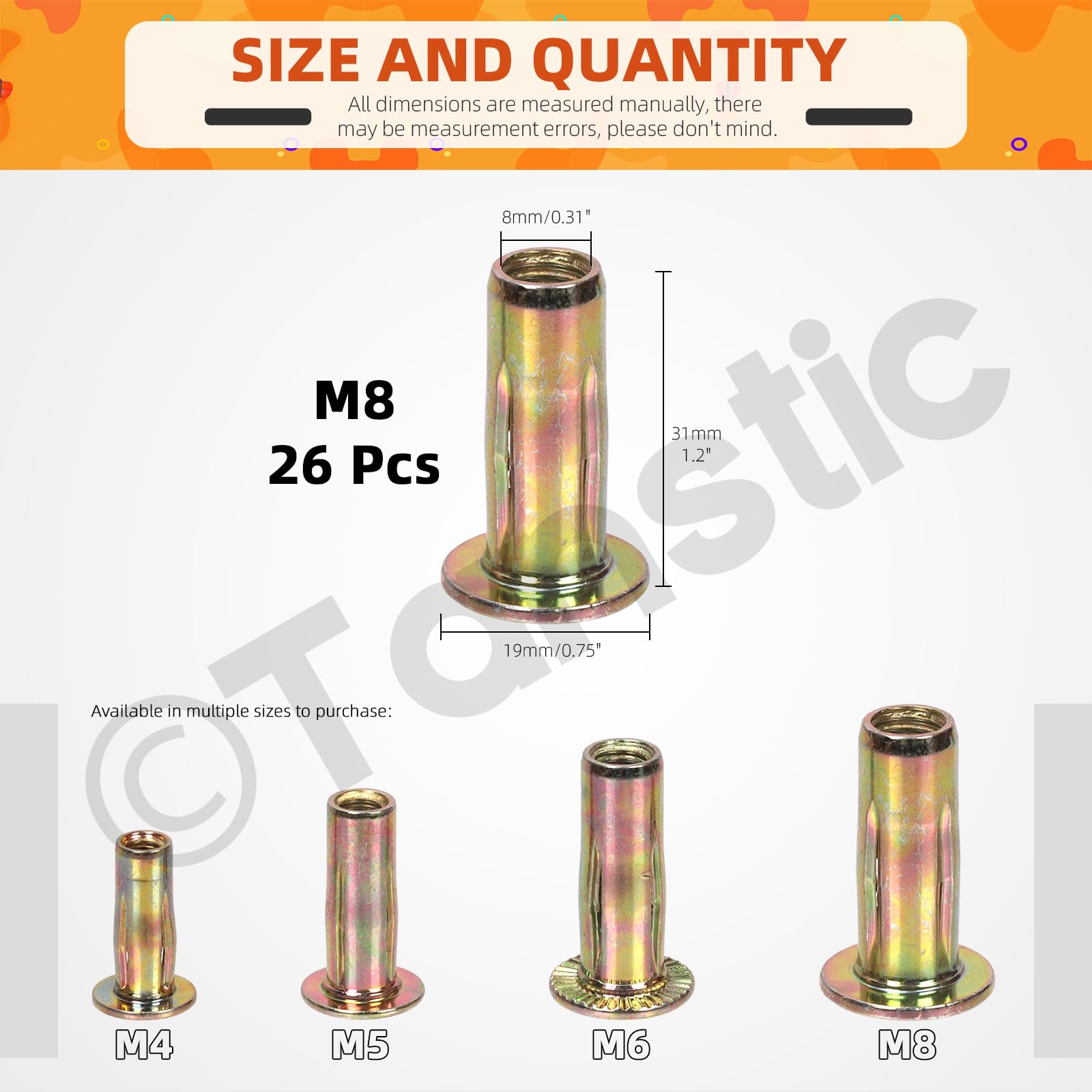 Tanstic 34Pcs Multi-Grip Rivet-Nut Kit, Zinc-Plated Steel Pre-Bulbed Shank Threaded Insert Flat Head Insert Nut (M8) - Image 2