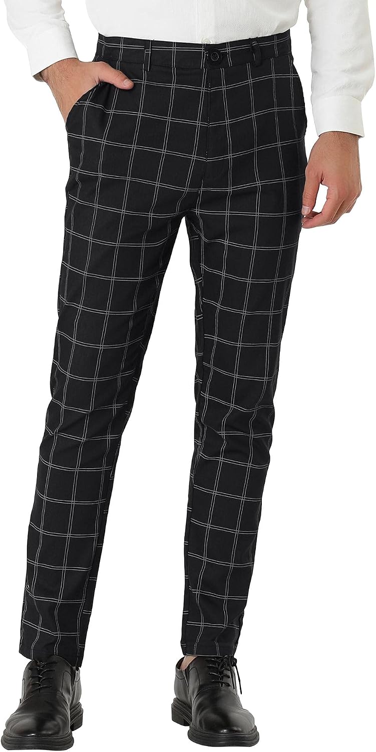 Lars Amadeus Men's Dress Plaid Slim Fit Flat Front Business Pants with Pockets