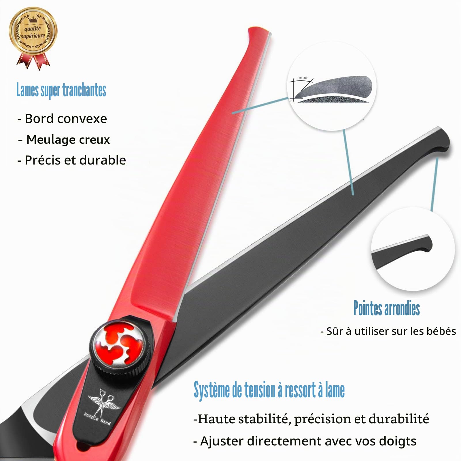 PURPLEBIRD Ciseaux Coiffure Enfant Tete Ronde Ciseaux Cheveux Débutant Ciseaux Effileur Professionnel 6 Pouces Acier Inoxydable Japonais 440C pour Coiffeur Etudiant Bébé Femme Homme