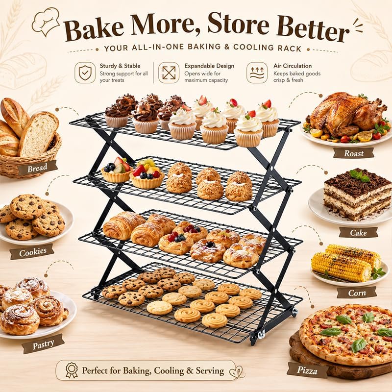 4 Tier Collapsible Cooling Rack, 3-Setting Adjustable Stackable Baking Rack, Foldable Metal Wire Cooling Stand for Cookies, Bread, Pastry, Outdoor Picnic Food Display, Baking Supplies