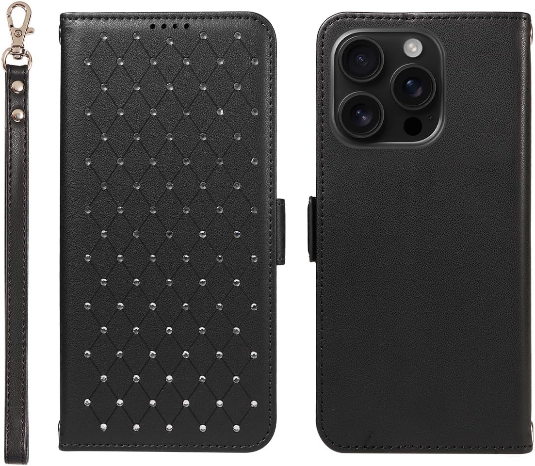 for iPhone 16 Pro Max Wallet Case with RFID Blocking, Card Slots & Kickstand | PU Leather Folio Cover with Lanyard Strap - iPhone 16 Pro Max(6.9") Case Black