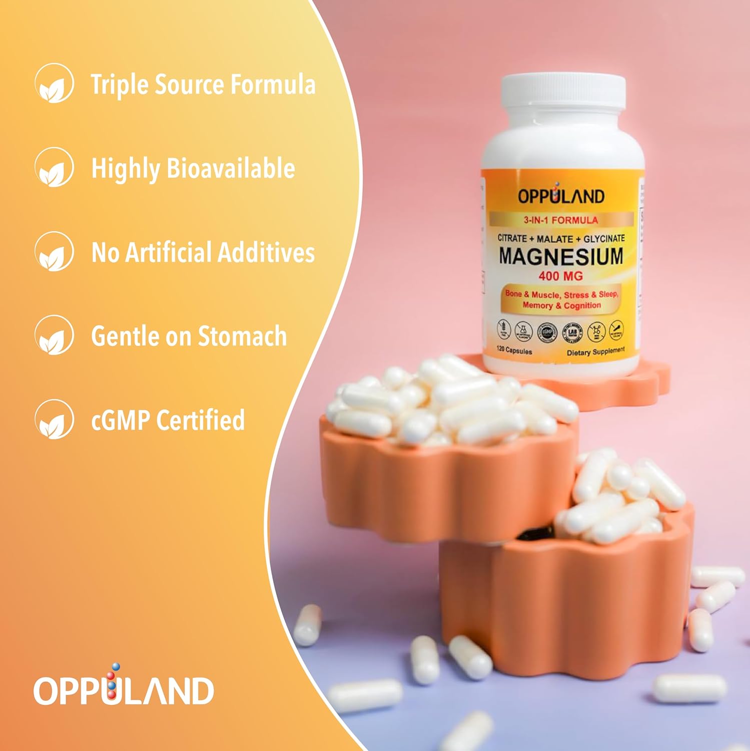 Triple Magnesium Complex Supplement – 400mg with Citrate, Malate & Glycinate – Complete Chelated Magnesium Blend for Women & Men – 60 Days of Daily Multi Magnesium Nutrition – 120 Capsules