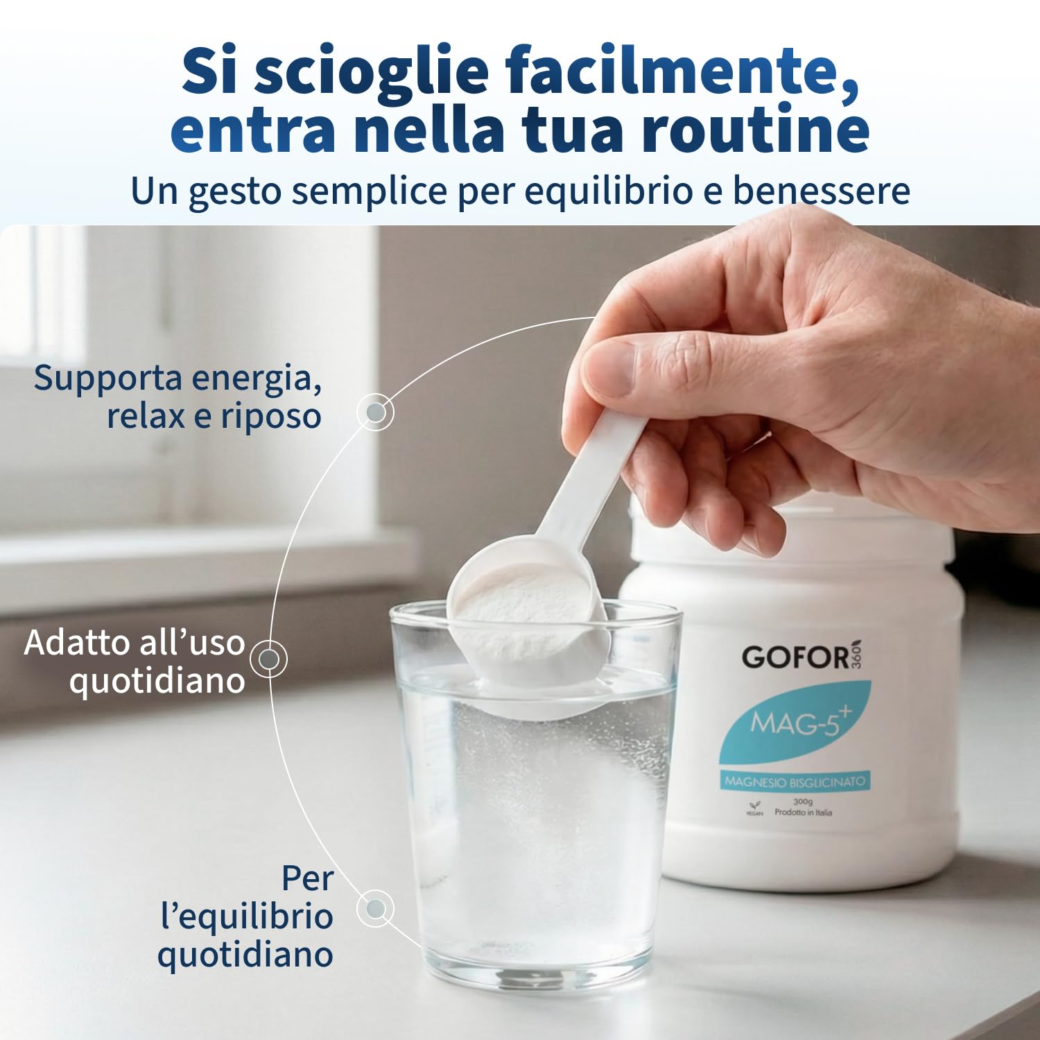 GOFOR360 MAG 5+ Magnesio Bisglicinato in Polvere — Formula con Vitamina B6 e C – Magnesio in Polvere per Stanchezza Muscoli e Rilassamento – 300 g