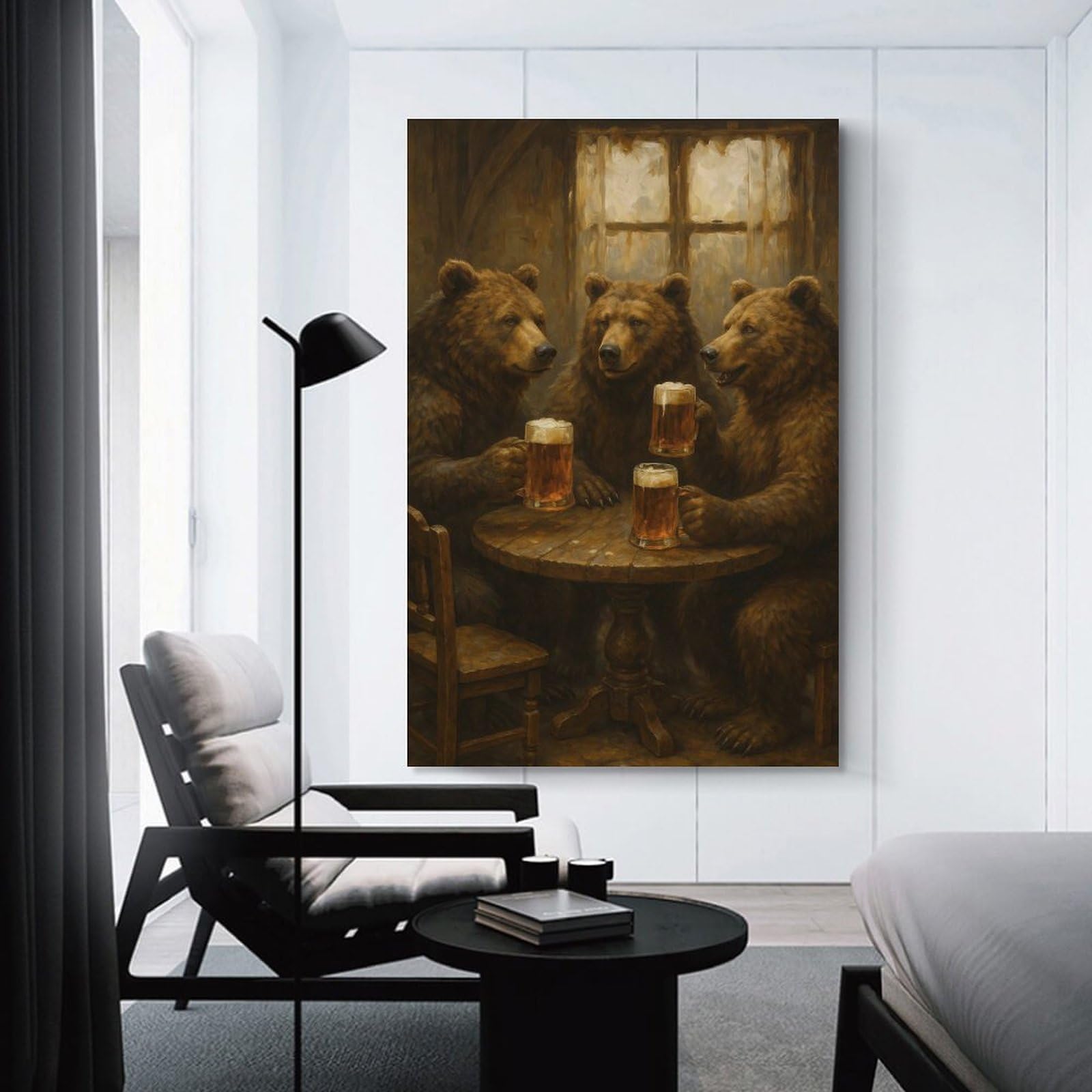 Junmoney Bears Drinking Beer at A Table Home Decor Wall Art 20x30inch(50x75cm), for Hallway, Bedroom Or Modern Interiors, Canvas Artwork with Gifting Potential