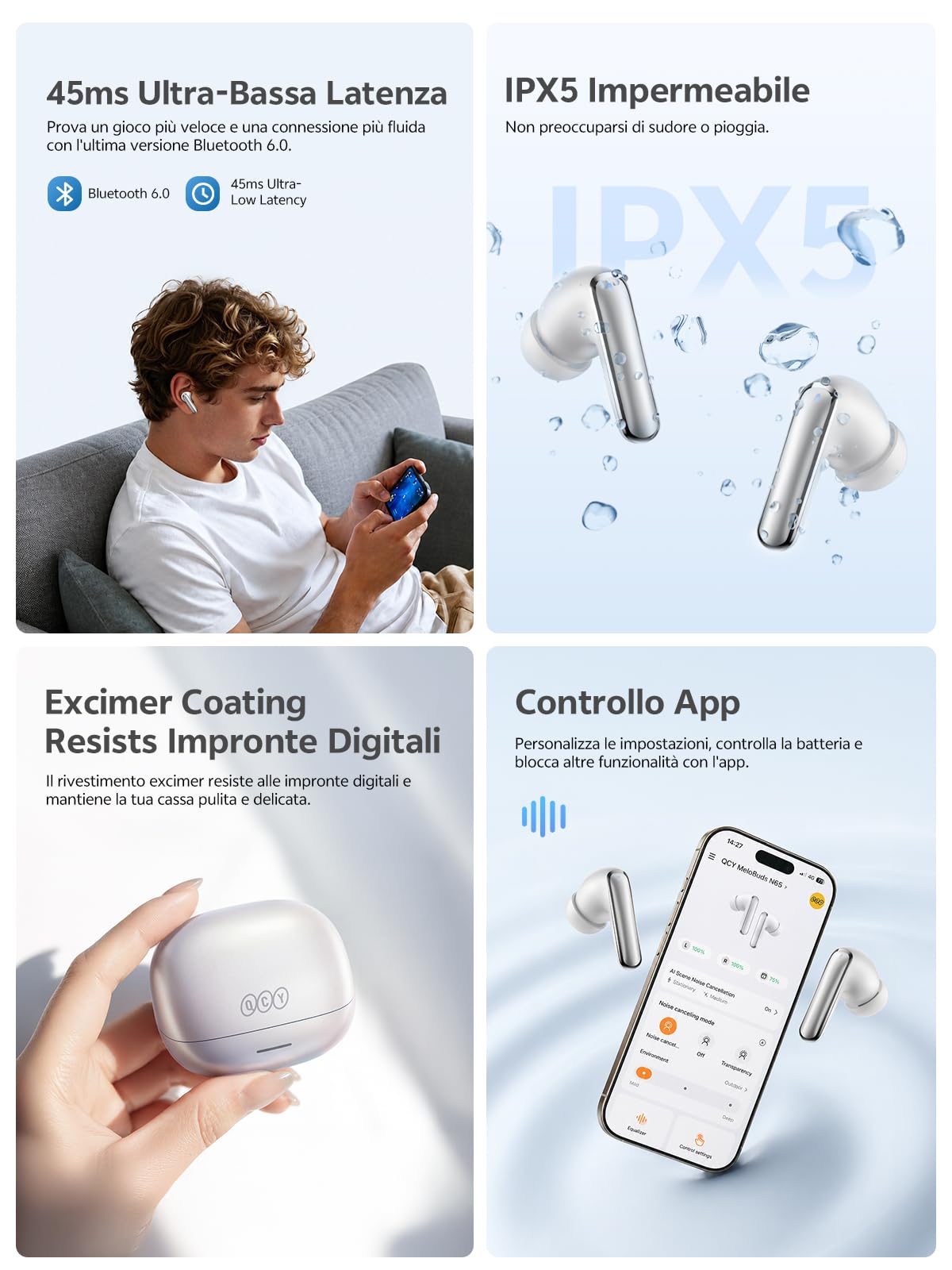 QCY MeloBuds N65 Cuffie Bluetooth Wireless, Cancellazione del Rumore Adattiva AI, Cuffie In Ear con ANC -60dB, 8-Mic AI, Auricolari Bluetooth 6.0, 50 Ore,IPX5, 3 Connessione dei Dispositivi, Bianco