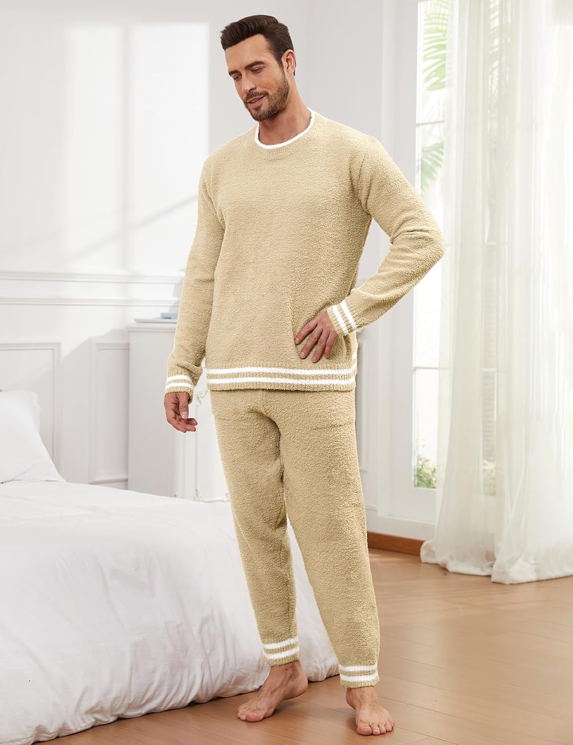 Wyeysyt Mens Fleece Pajamas Set Fuzzy Warm Fluffy Pjs Comfy 2 Piece Loungewear Set Long Sleeve Soft Sleepwear - Image 3