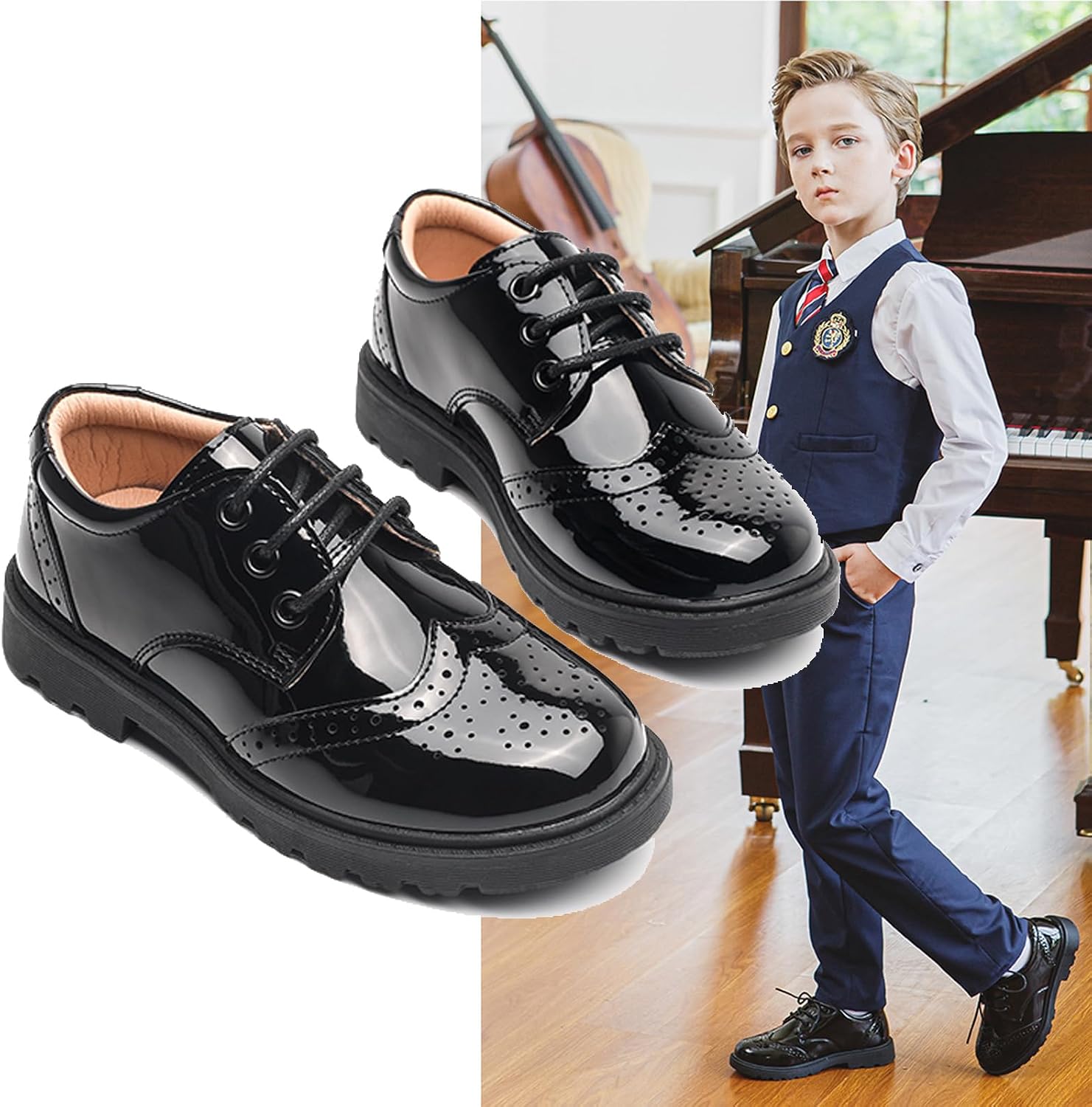 WUIWUIYU Boys Black Oxfords Flats Brogues School Uniform Dress Shoes