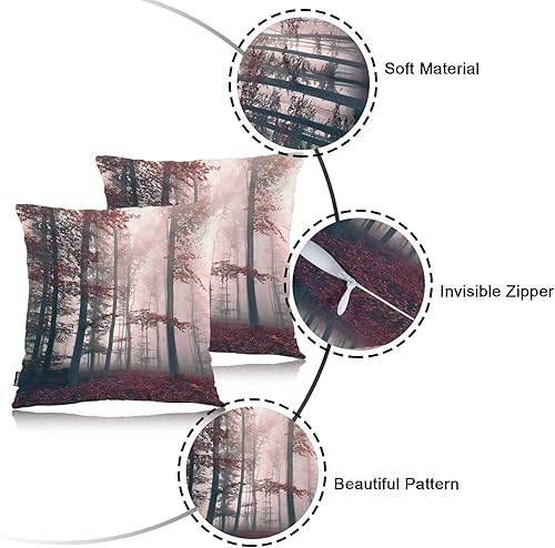 Miniatura 7 de Swono Juego de 2 fundas de almohada de bosque brumoso, fundas de cojín cuadradas con árboles de otoño brumoso, paisaje, fundas de almohada