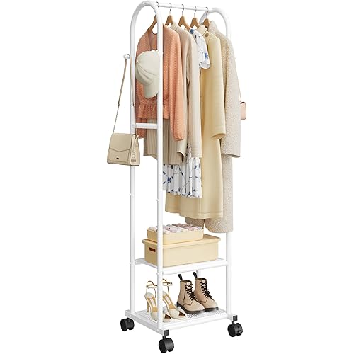 Heavy Duty Premium Clothes Rack with 2-Tier Mesh Shoe Shelves & 4 Hooks, Lockable Wheels, Space-Saving, Multi-Functional for Bedroom, Entryway, Closet, Modern Design, 18.4" x 12.6" x 72", White